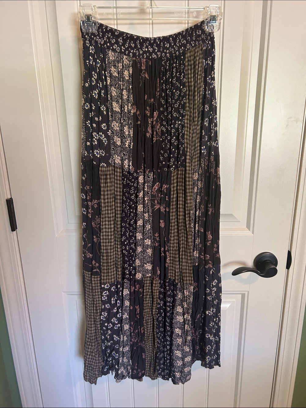 St. John's Bay Brown Maxi Skirt with Tan Floral Patchwork and Plaid